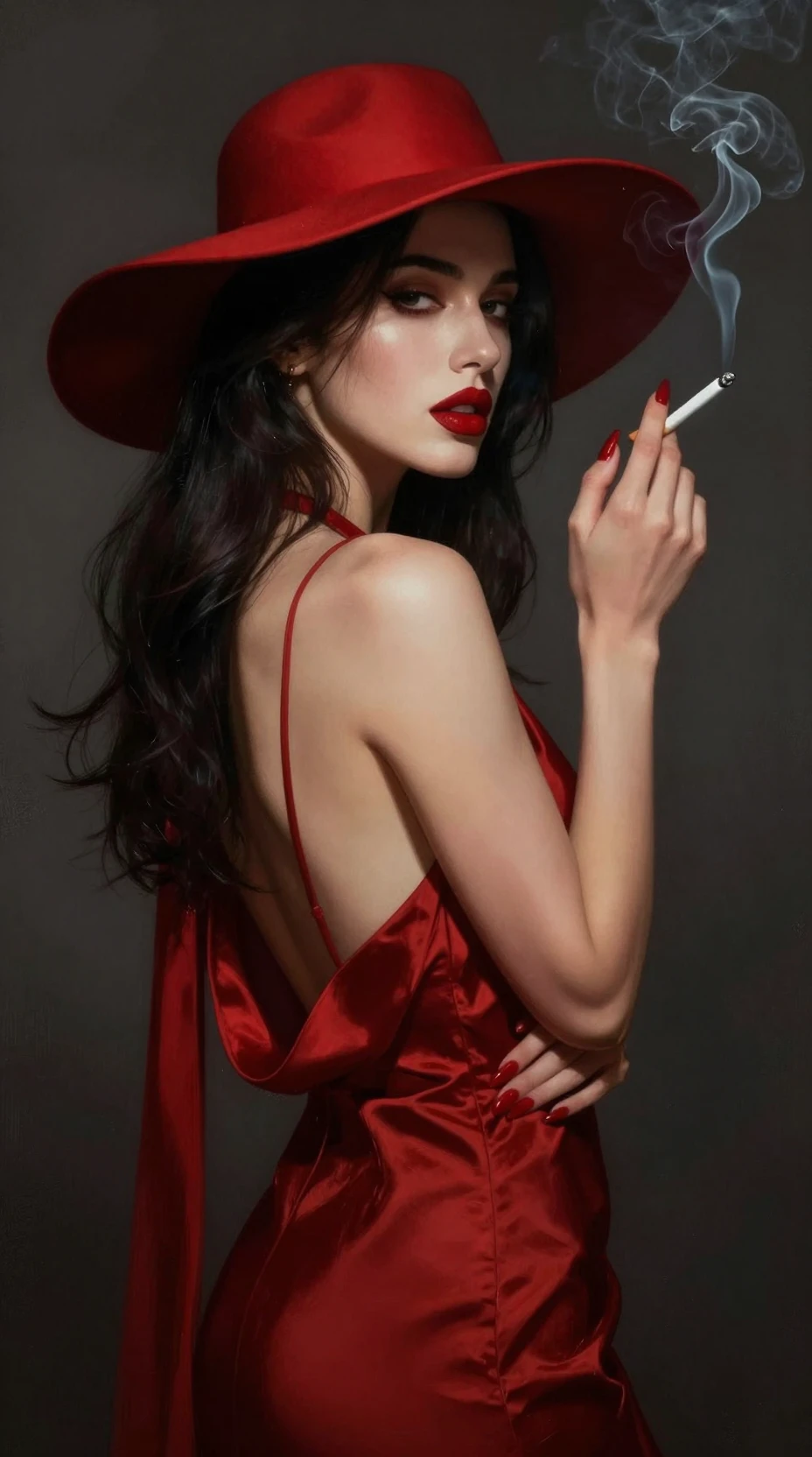 Elegant woman in red dress with hat and cigarette
