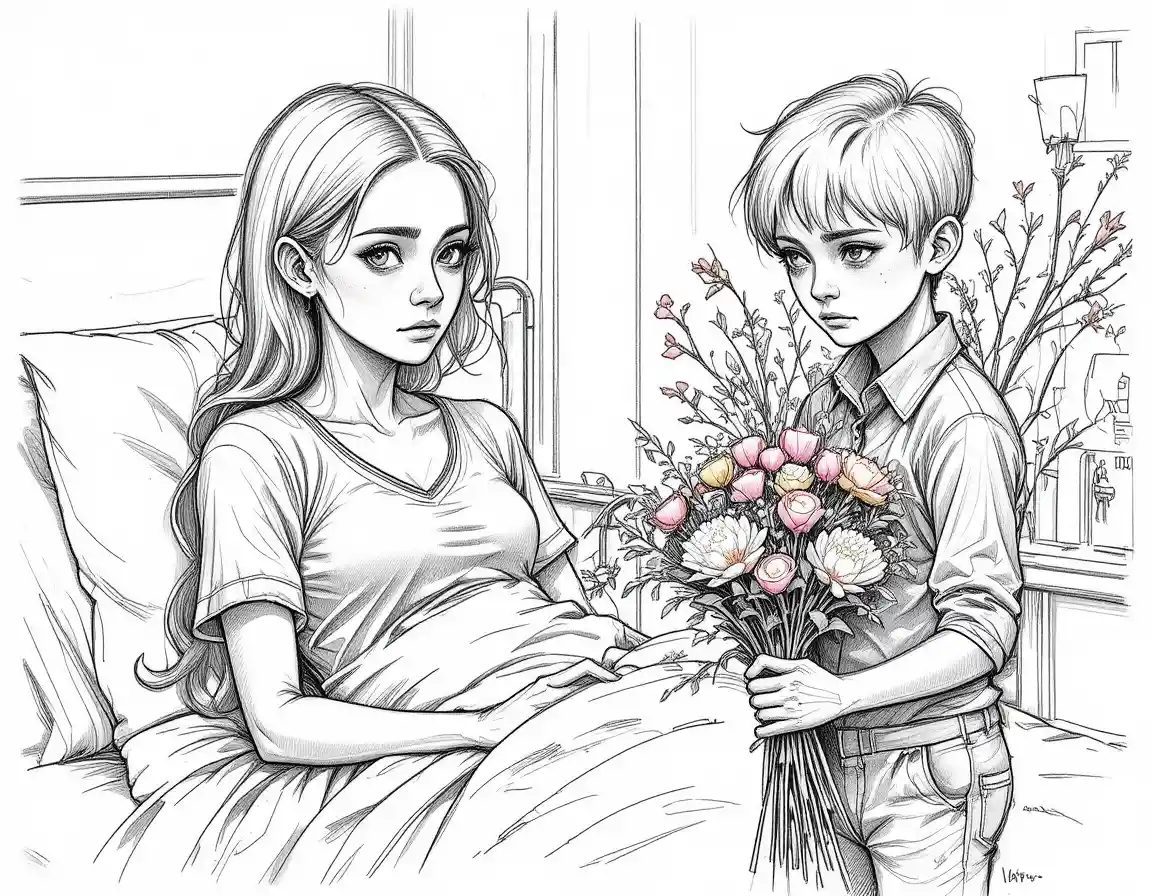 Sick young mother comforted by her son in hospital