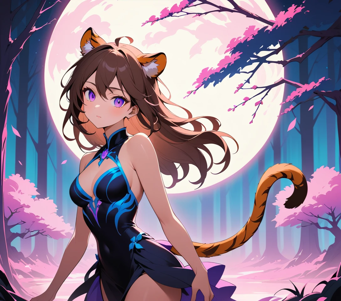 Elegant tiger eared woman in a mystical moonlit forest