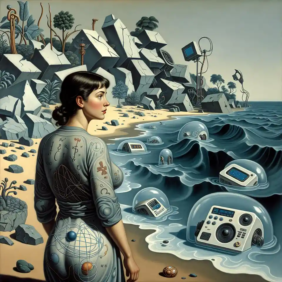 Surreal woman in robe gazing over fractured alien shore