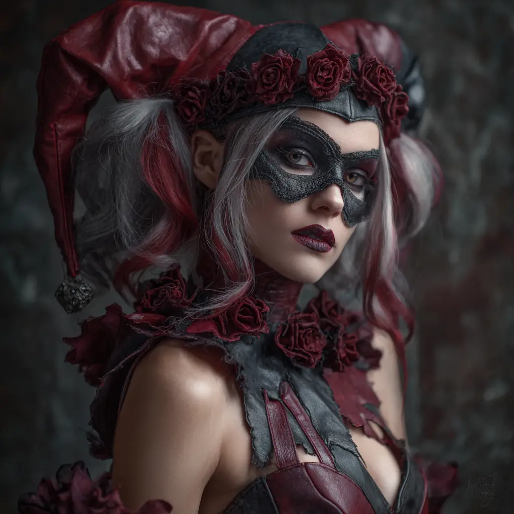 Gothic jester woman with roses and glowing crimson cracks