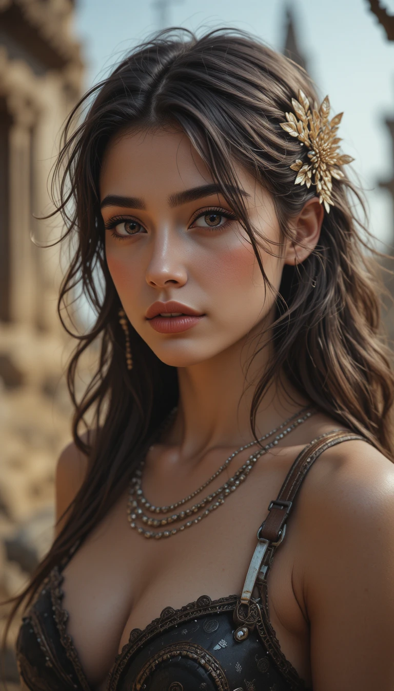 Photorealistic fantasy girl with dark brown hair and warm eyes