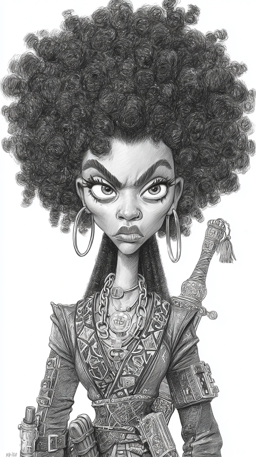 Charcoal caricature portrait of a warrior woman with huge afro