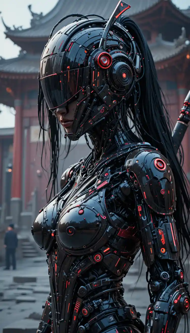 Cyberpunk robot samurai woman with katana and neon armor