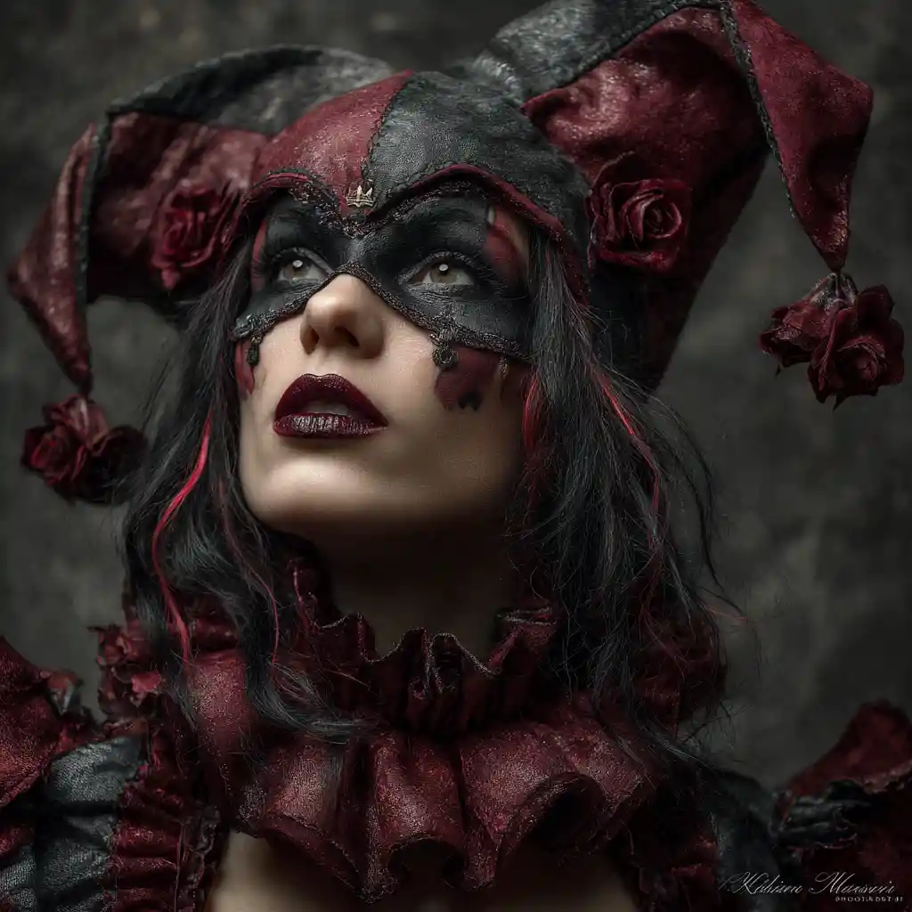 Dark gothic jester woman with roses and glowing cracks