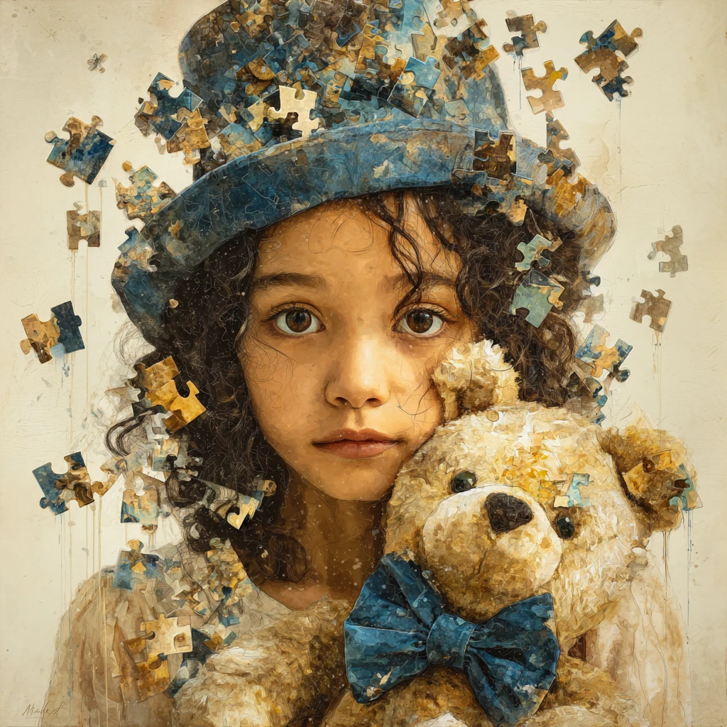 Young girl with teddy bear in dissolving puzzle piece hats