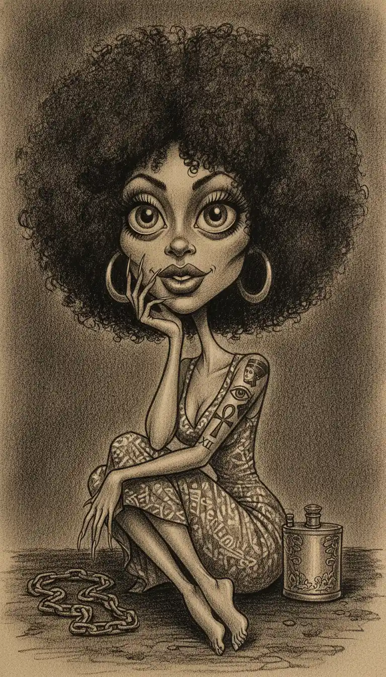 Charcoal caricature of a woman with oversized afro and tattoos