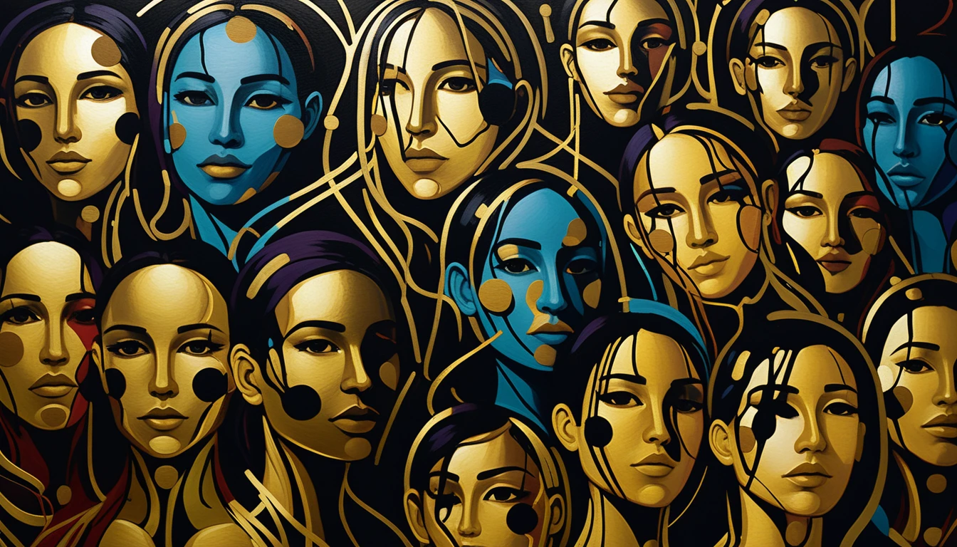 Abstract painted human heads in vibrant layered colors