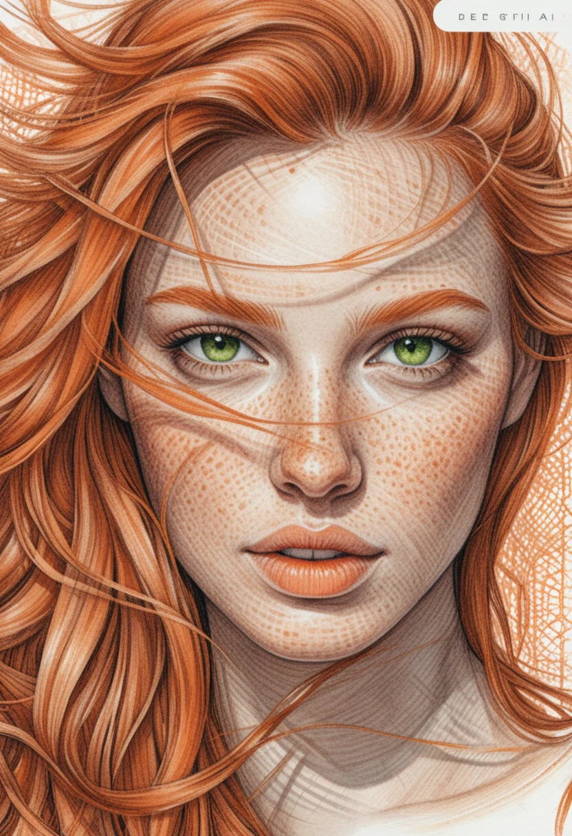 Freckled red haired woman close up ink portrait