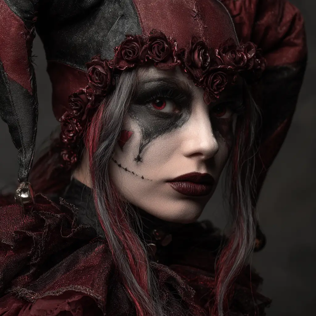 Donna giullare gotica oscura con rose e crepe luminose