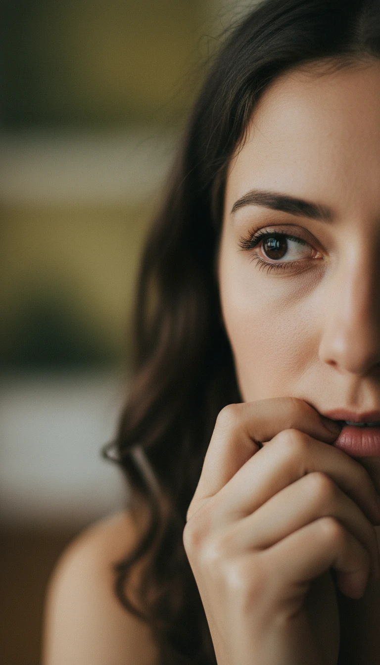 Pensive woman in extreme close up with hand near lips