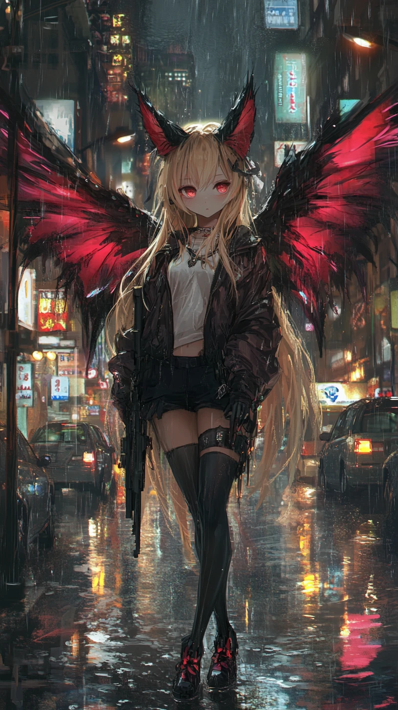 Armed anime girl in reinforced jacket with golden hair