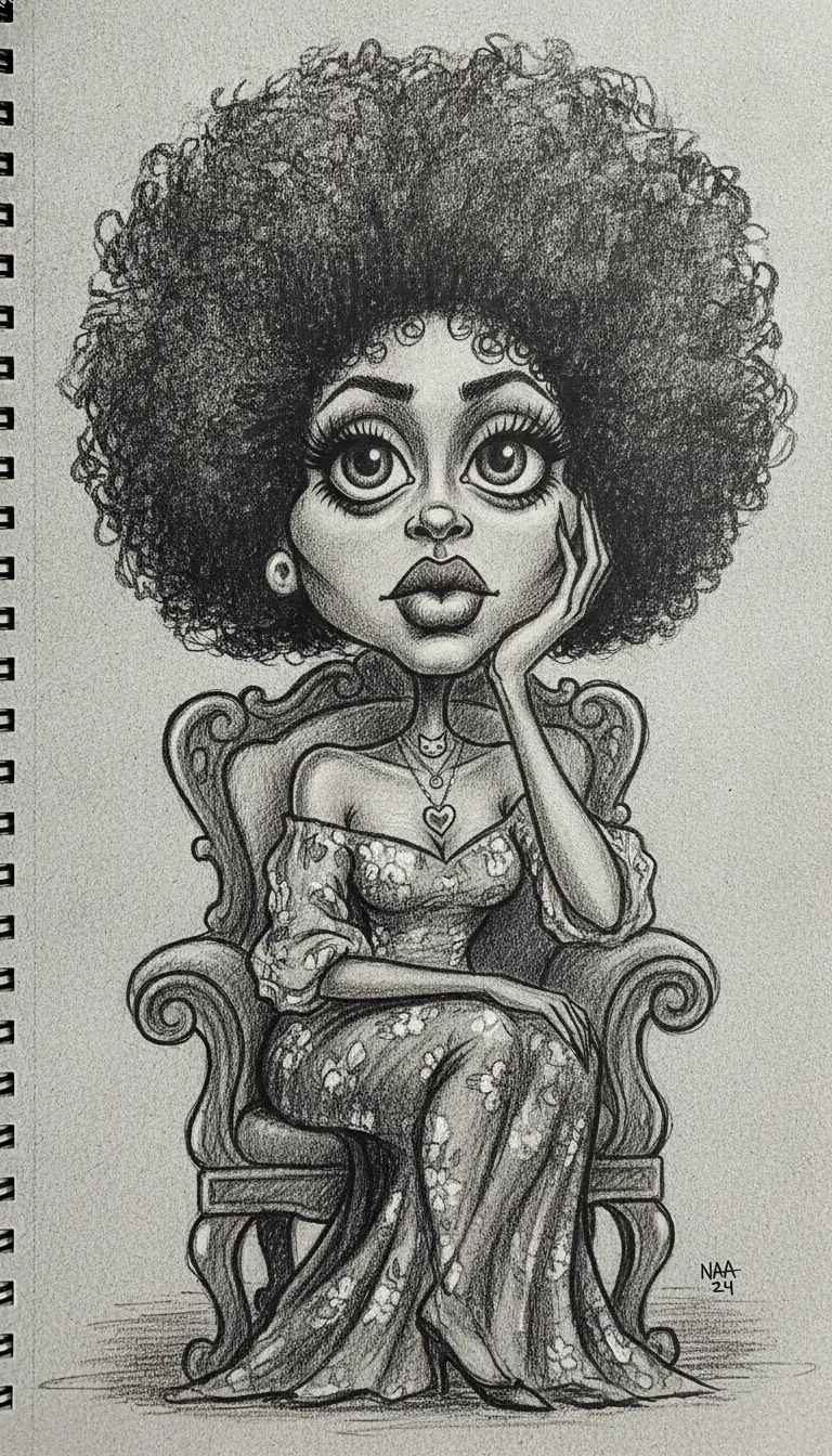 Charcoal caricature portrait of a woman with giant afro hair