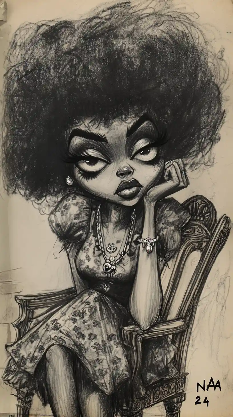 Charcoal caricature of a woman with oversized afro hair