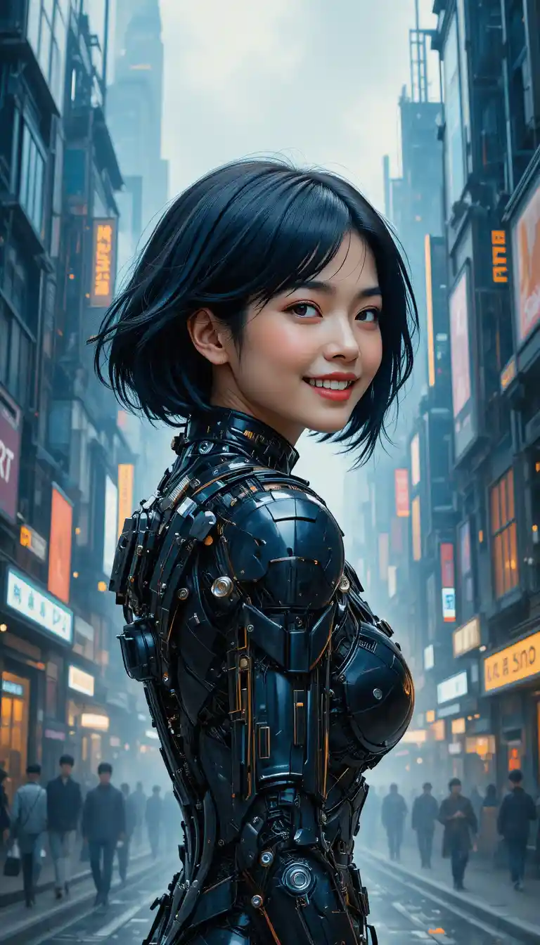Joyful cyberpunk woman in sleek technological armor profile