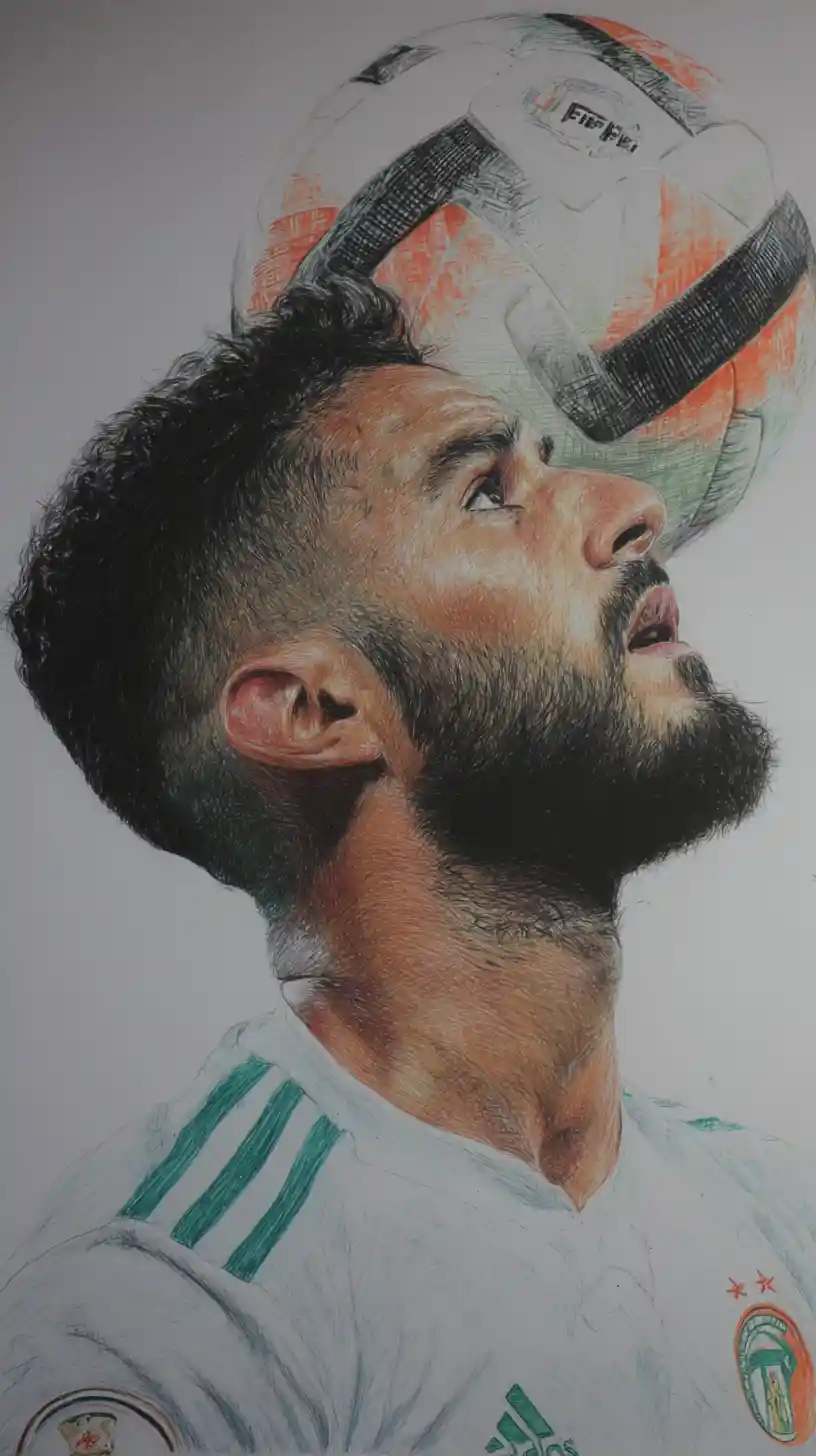 Colored pencil portrait of a footballer balancing a ball