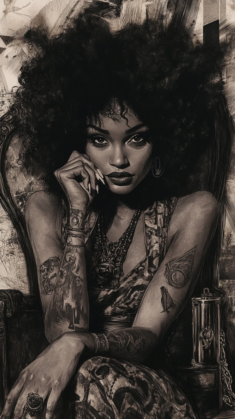 Charcoal caricature of a woman with a huge curly afro
