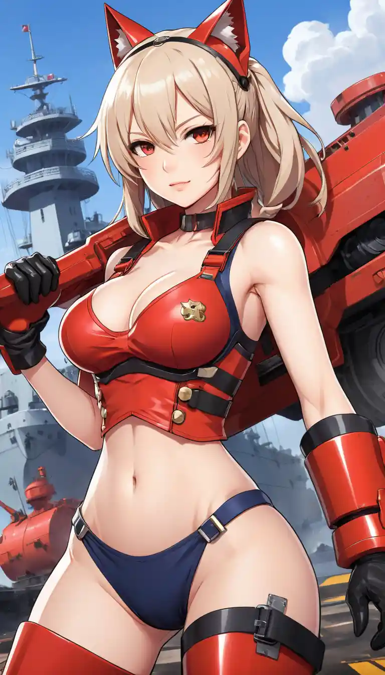 Close up anime woman in red armor and heavy boots