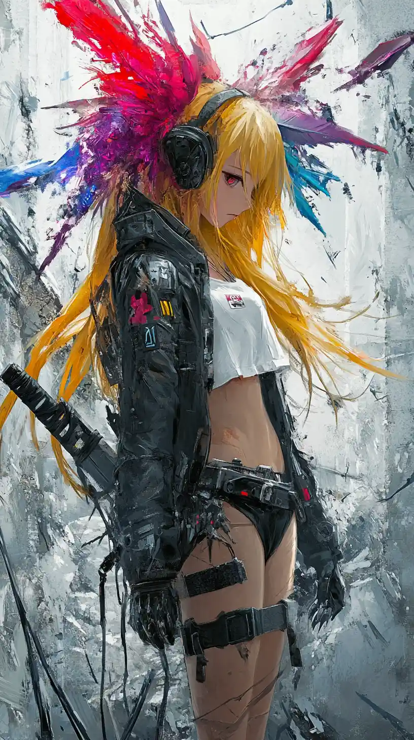 Armed anime girl with crystal armor in ruined wall