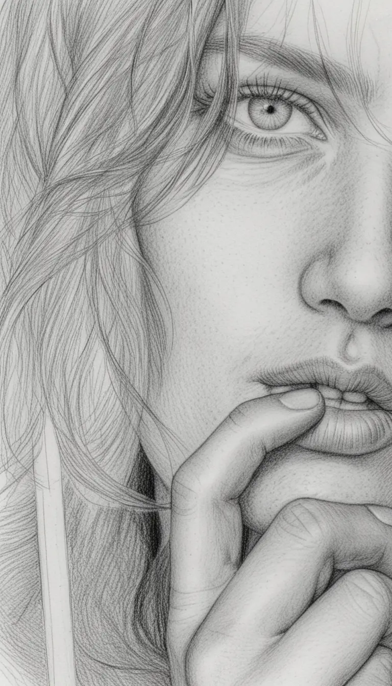 Pensive woman half face close up with hand near lips