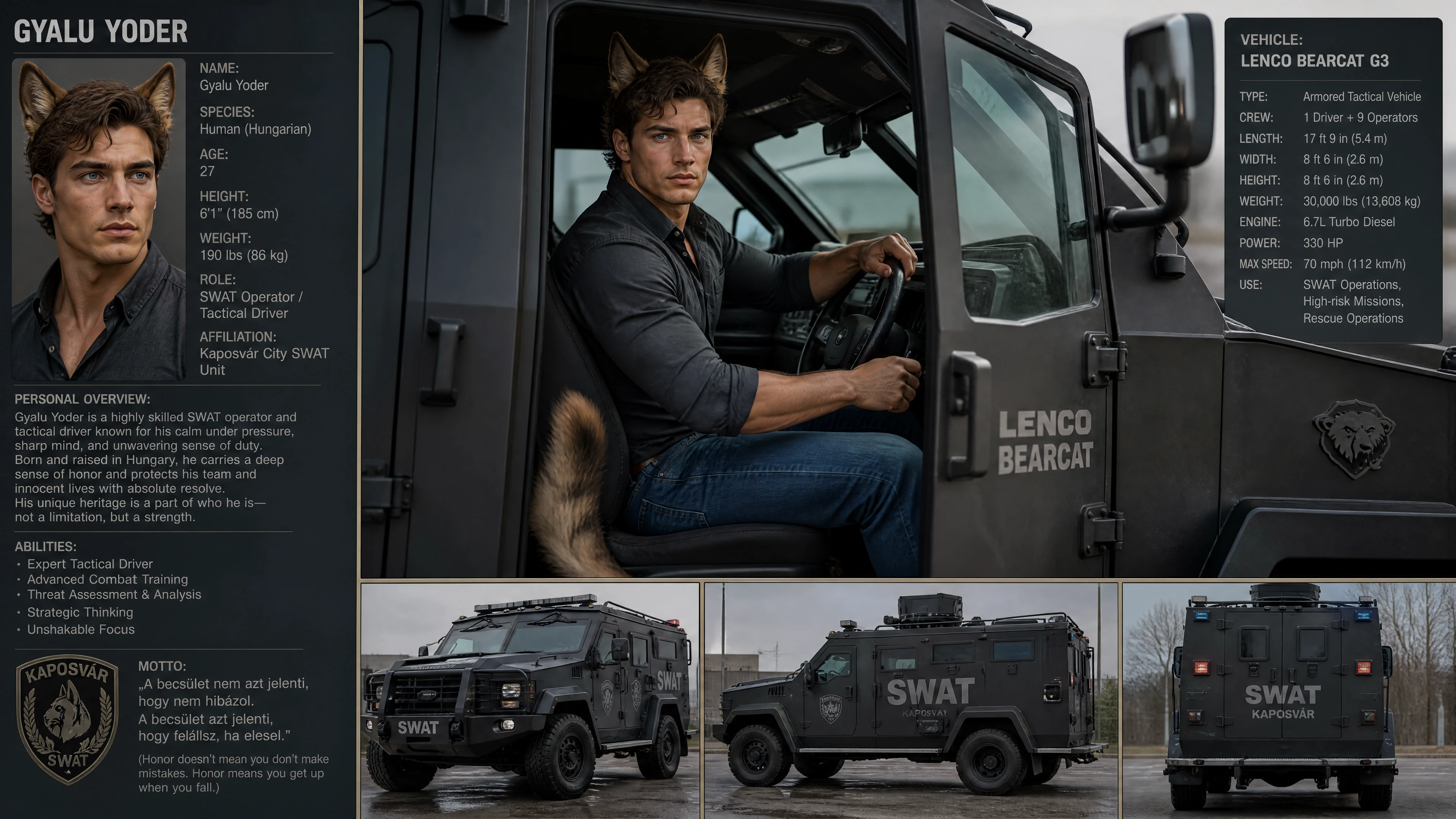Focused fantasy man driving an armored swat vehicle
