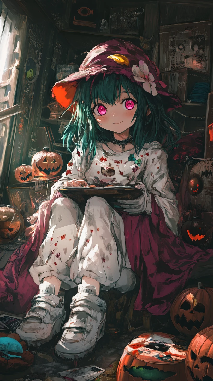 Joyful anime girl at a Halloween party with ghosts