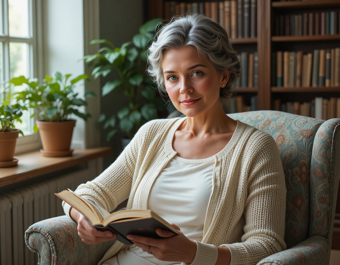 Elderly woman reading in a cozy sunlit living room
