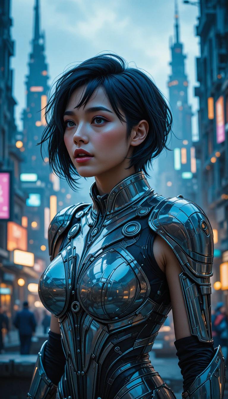Sci fi armored woman against futuristic city at night