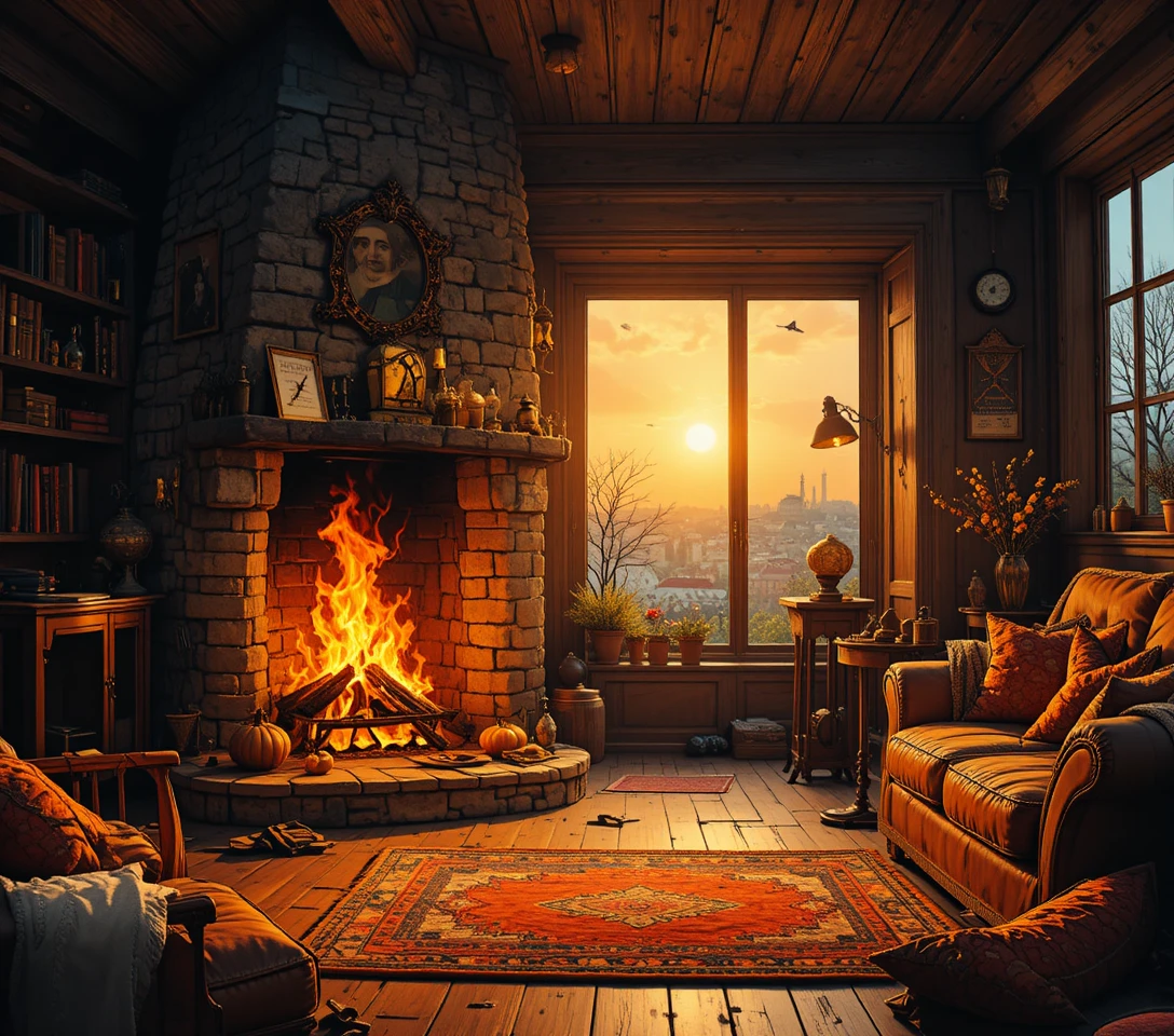 Cozy stone fireplace with glowing fire in a warm living room