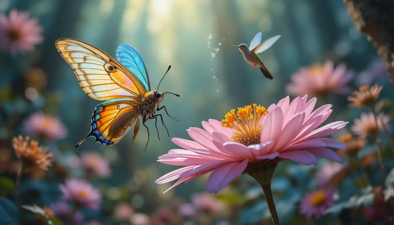 Colorful butterflies on a magical flower in fantasy forest