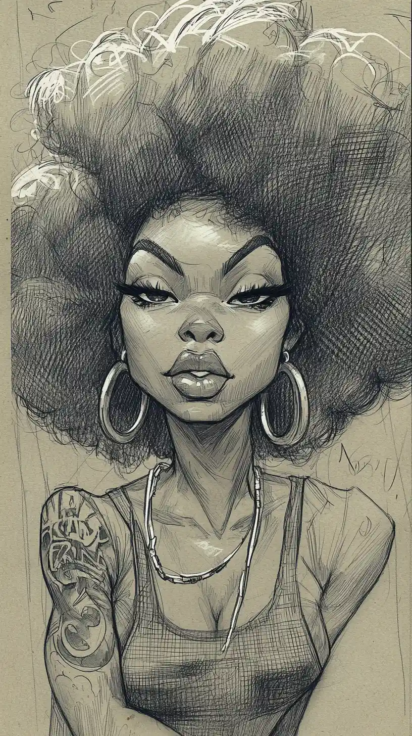 Stylized charcoal portrait of a woman with enormous afro hair
