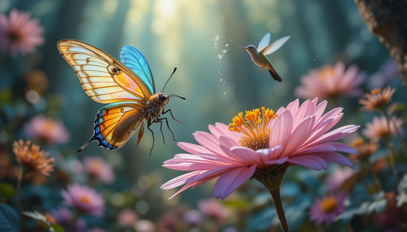 Colorful butterflies on a magical flower in fantasy forest