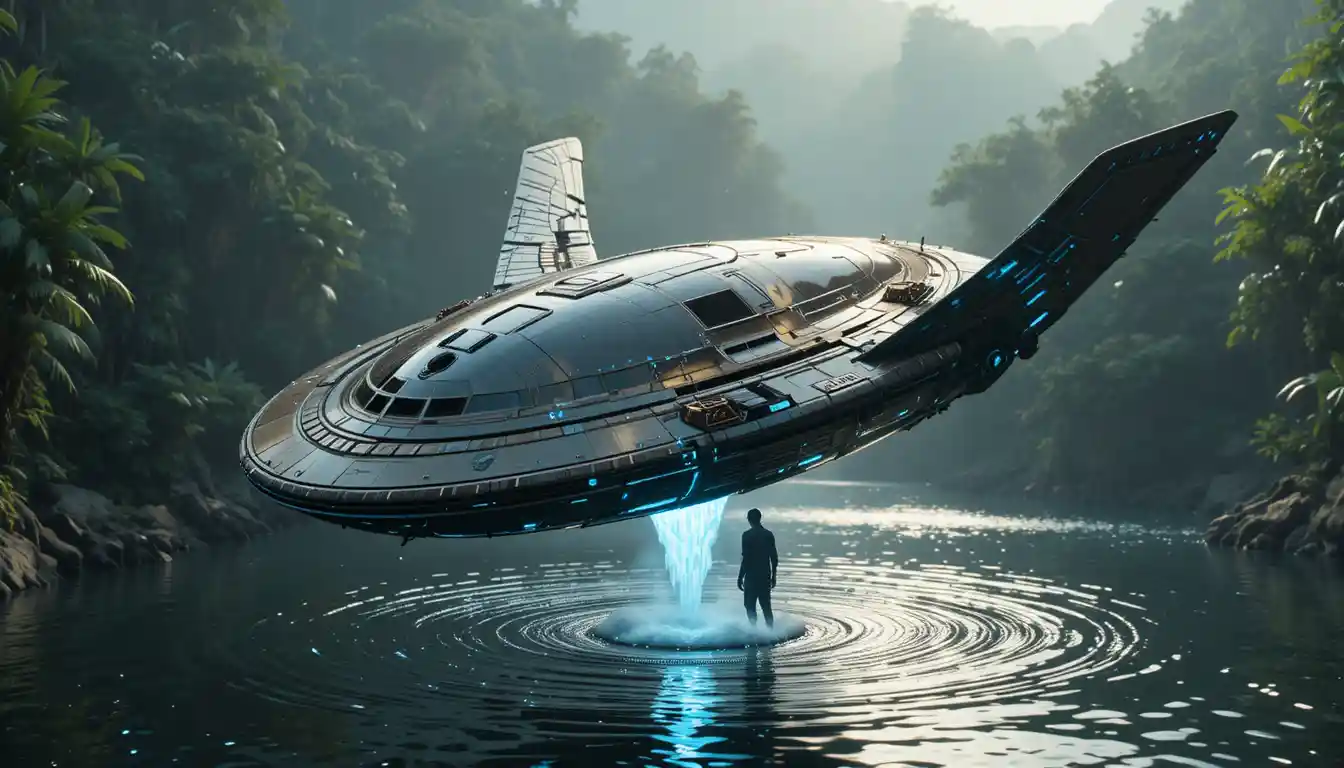 Futuristic flying craft hovering above a prehistoric jungle lagoon