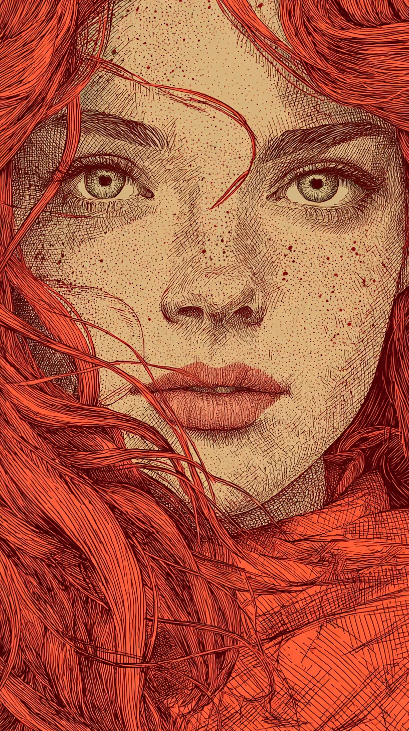 Freckled red haired woman line art portrait with green eyes