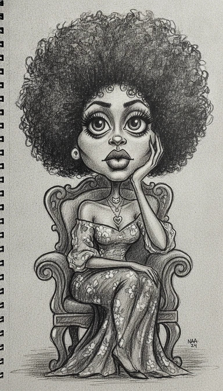 Charcoal caricature portrait of a woman with giant afro hair