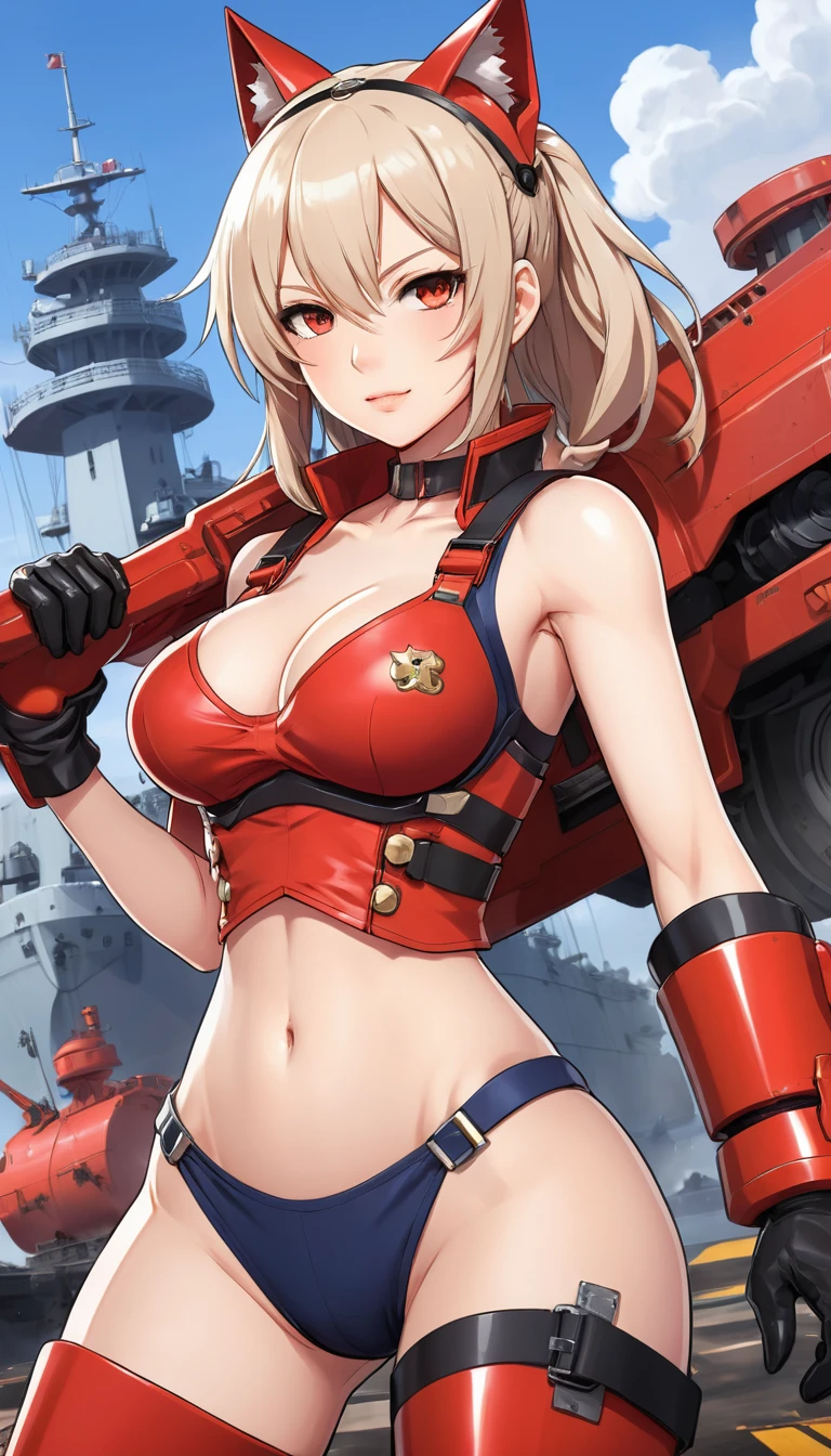 Close up anime woman in red armor and heavy boots