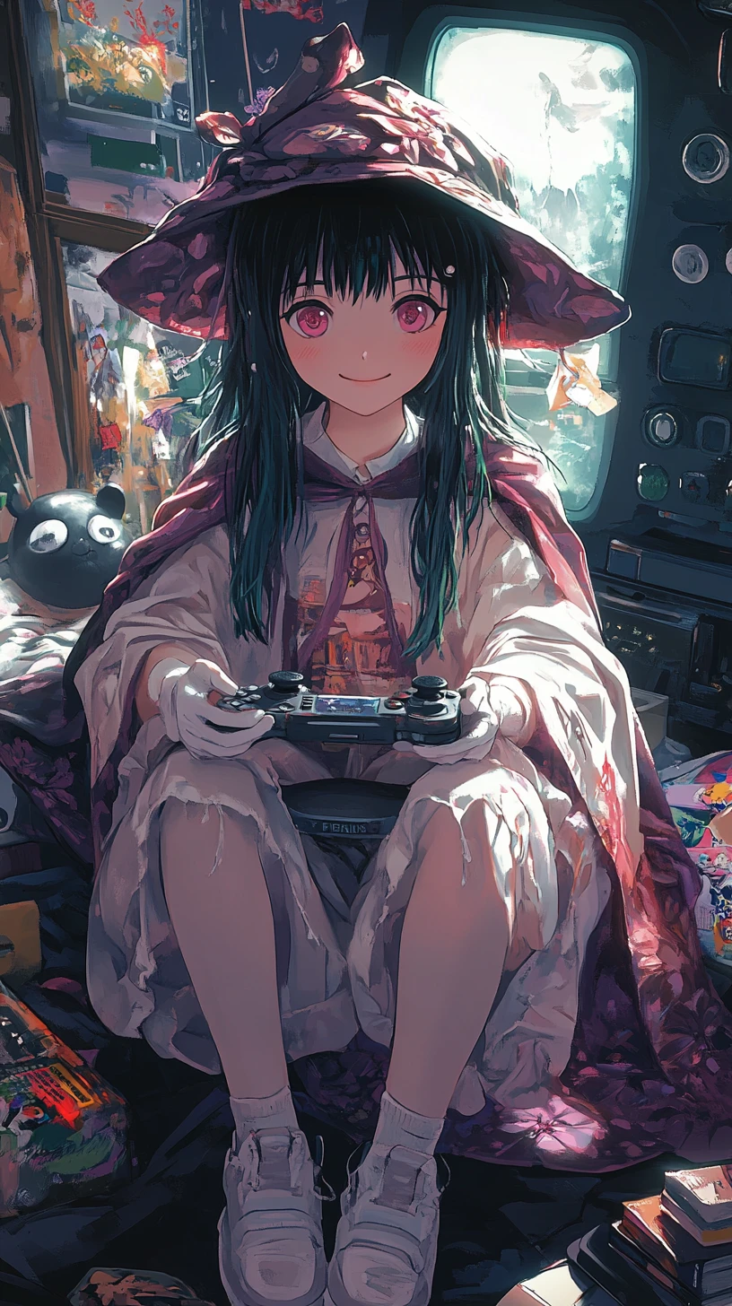 Joyful anime girl gaming on a couch at Halloween party