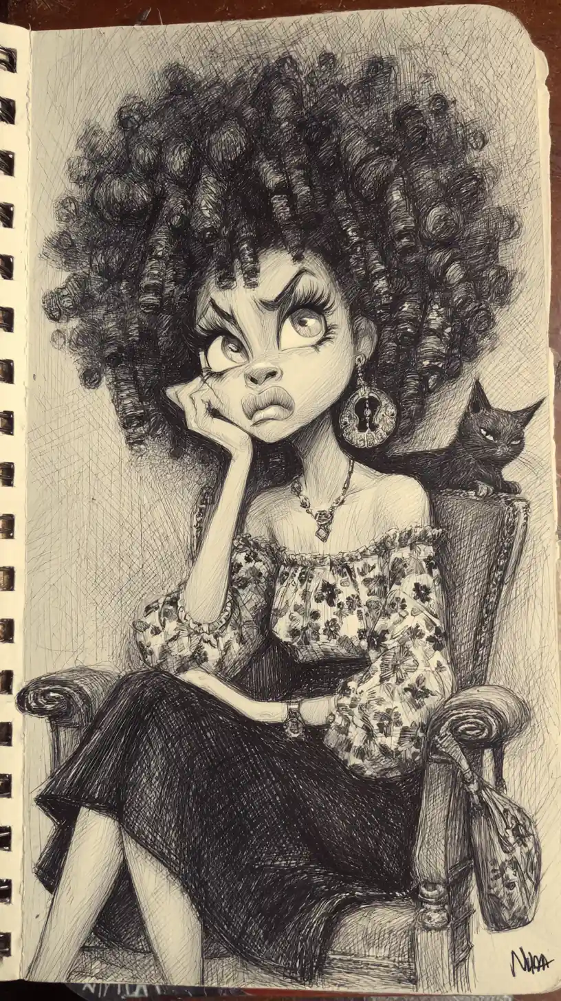 Charcoal caricature of a thoughtful woman with giant afro hair