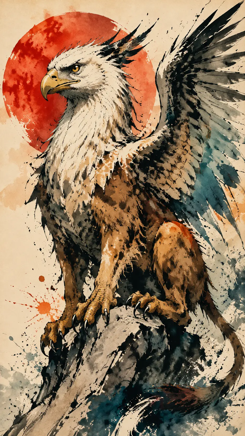 Ink drawn portrait of a powerful griffin in bold color