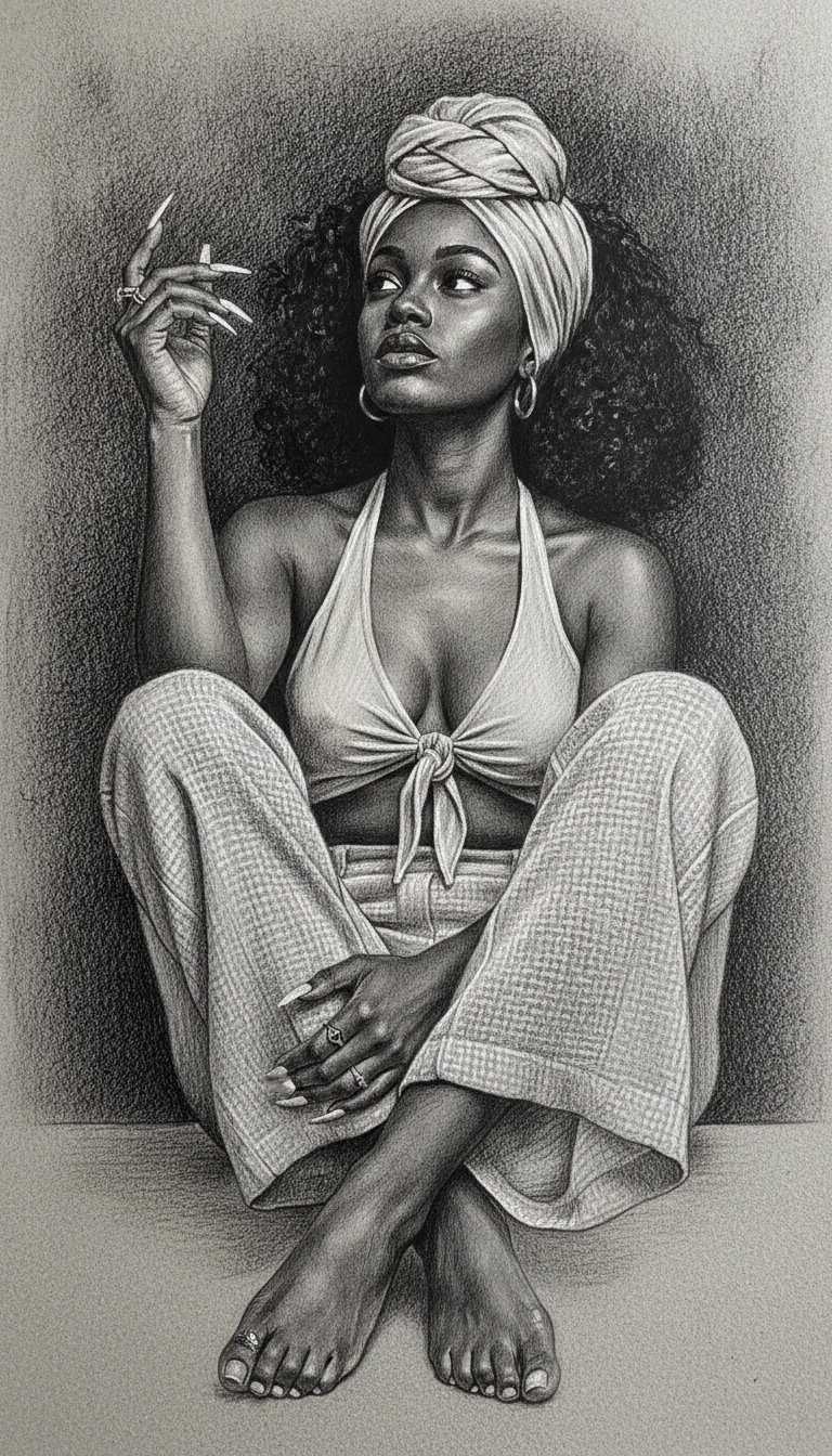 Seated woman in graphite and charcoal full body portrait