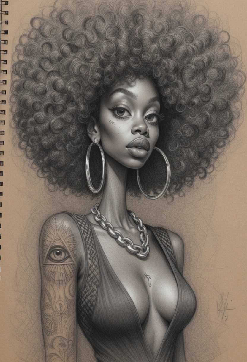 Stylized graphite portrait of a woman with massive curly afro