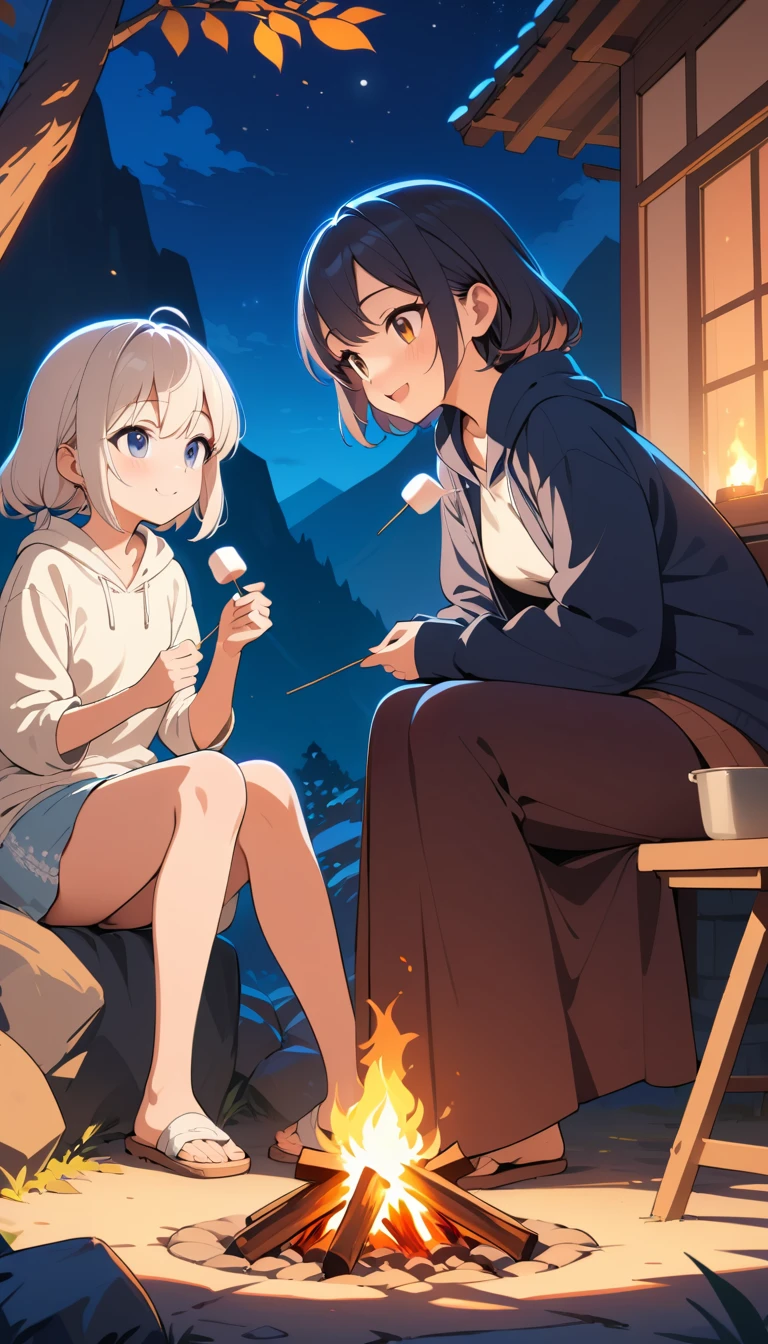 Two anime girls sharing marshmallows by a mountain campfire