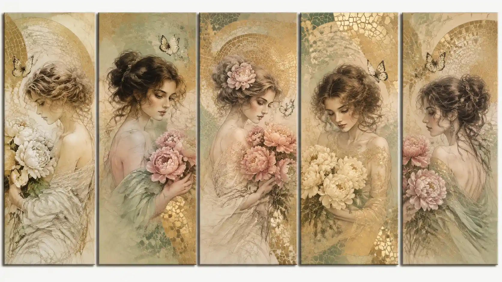 Five elegant ladies with peonies and butterflies in mosaics