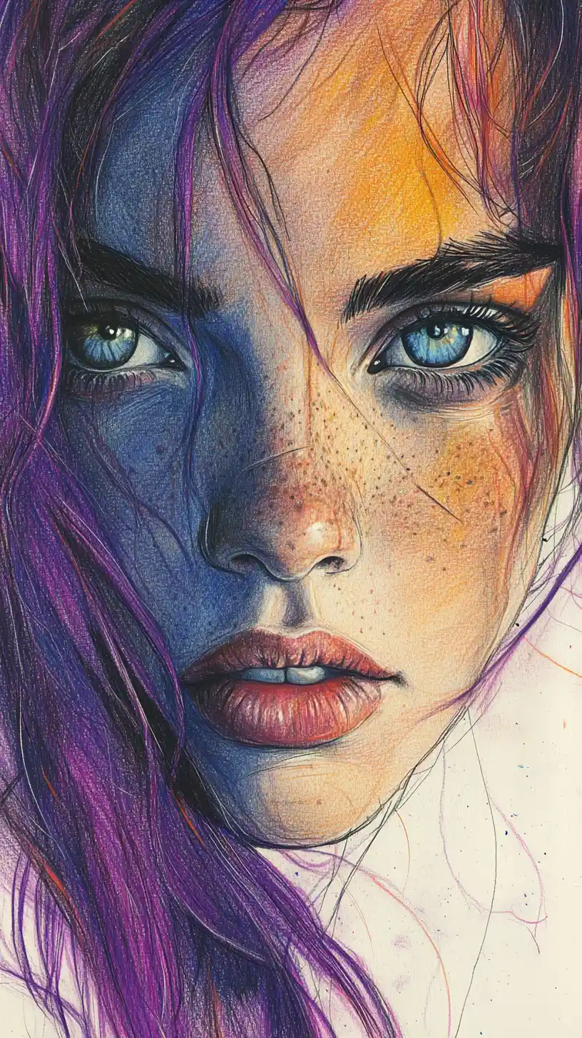 Color pencil portrait of a freckled woman in warm sunlight