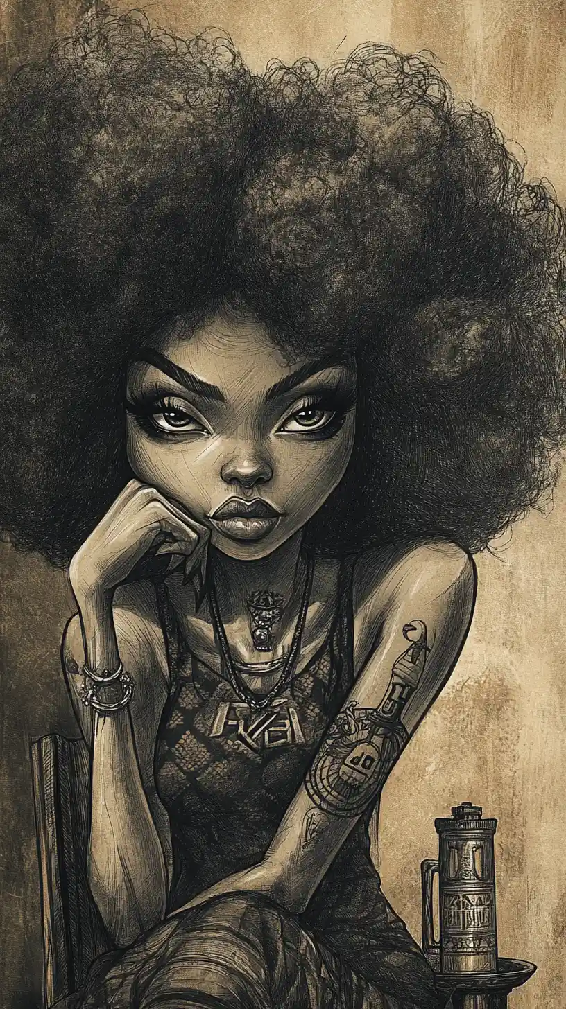 Charcoal caricature of a woman with huge curly afro hair