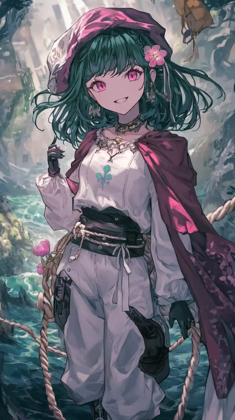Cheerful anime girl walking along a sunset beach