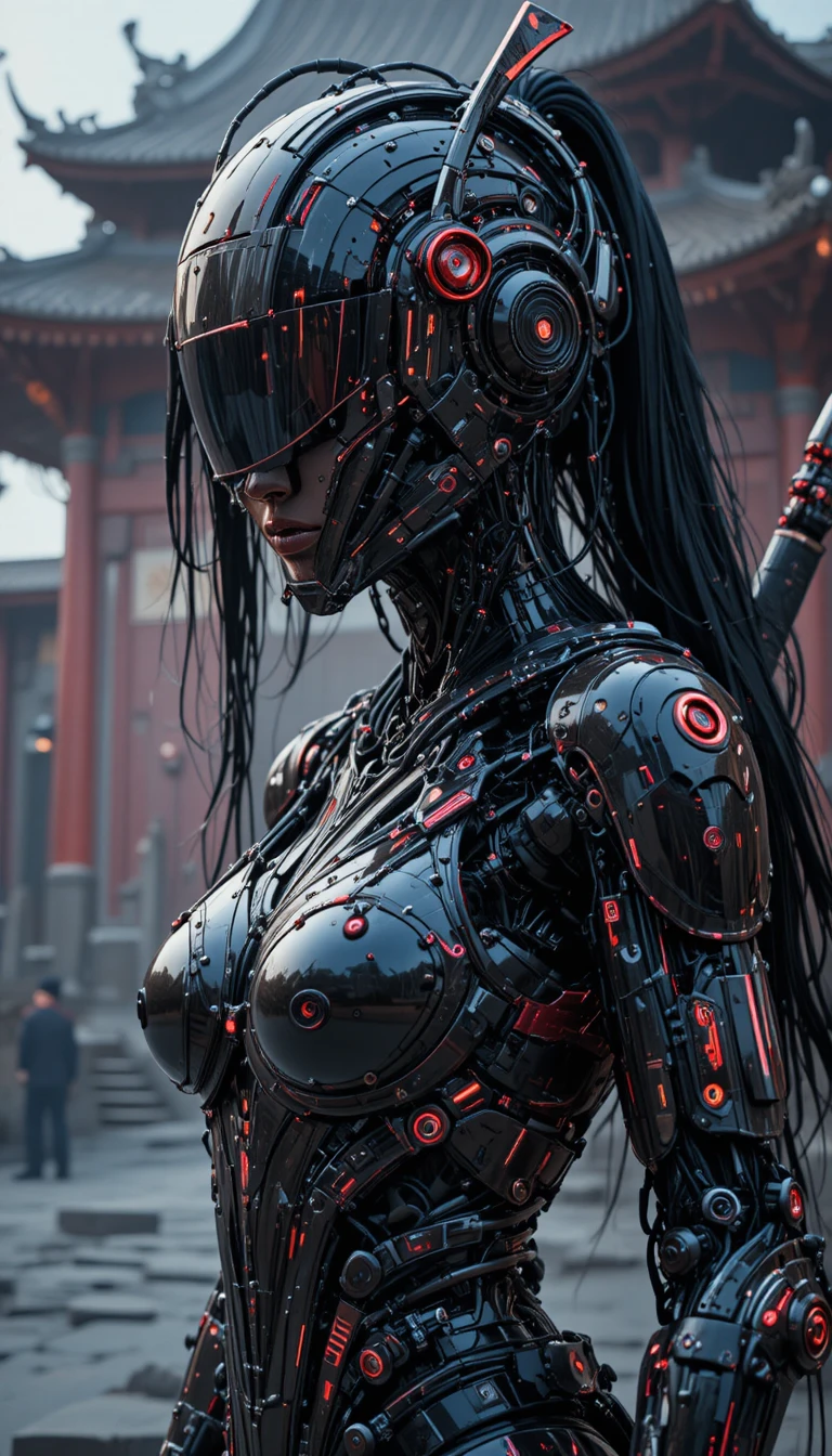 Cyberpunk robot samurai woman with katana and neon armor