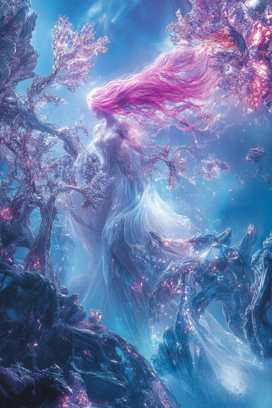 Donna eterea dai capelli rosa in un paesaggio cristallino alieno