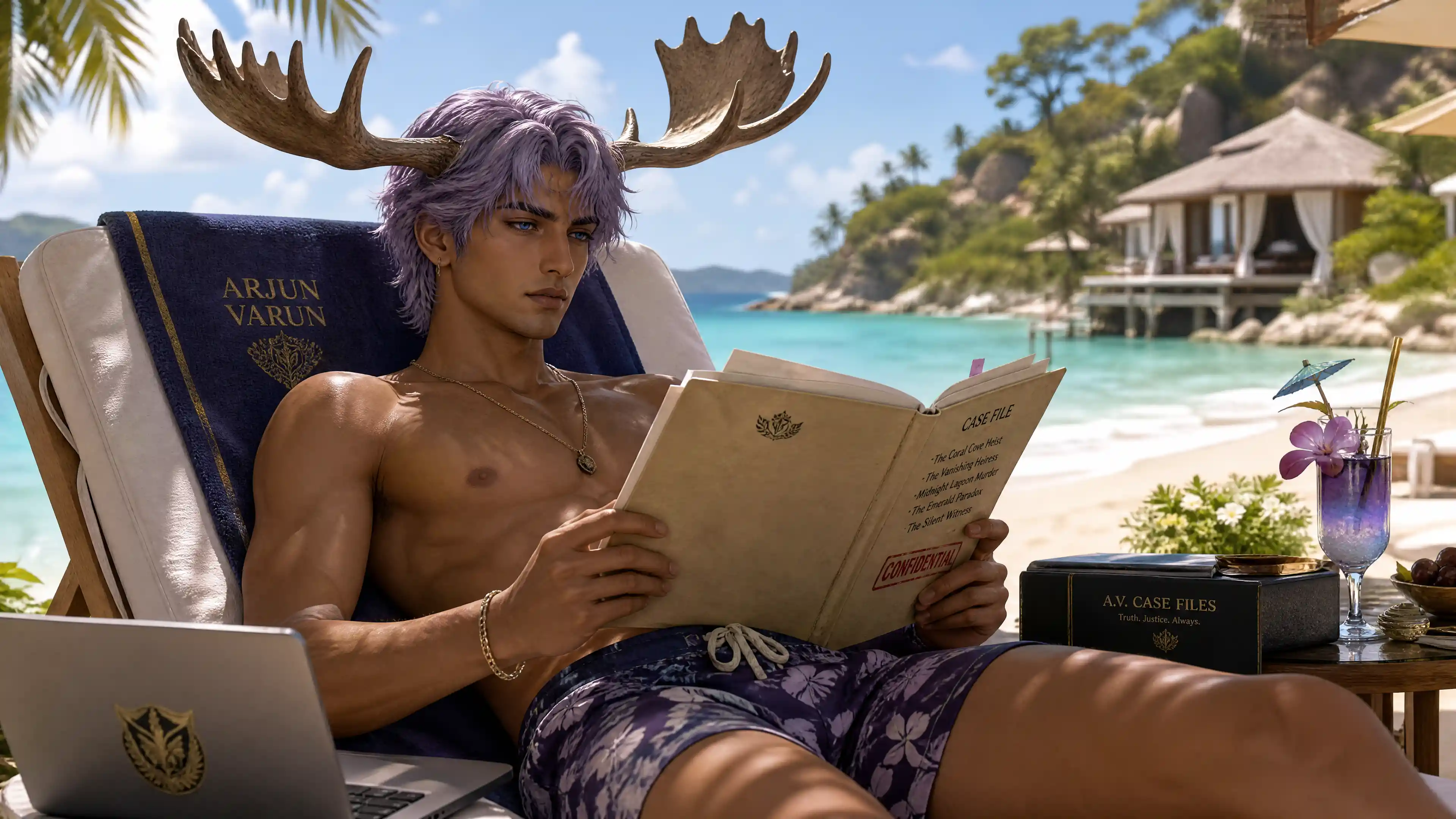 Horned man reading case files on a sunny beach