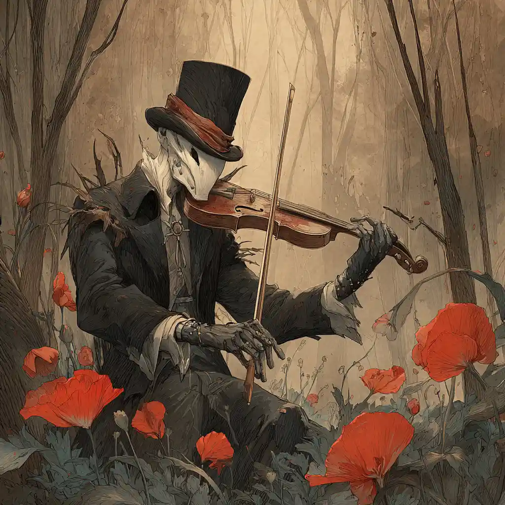 Ghostly man playing violin with giant insect in forest